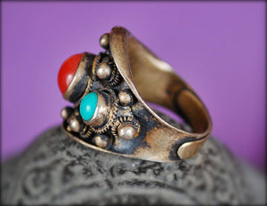 Antique Chinese Coral and Turquoise Ring - Size 8 - Antique Chinese Ring - Ethnic Chinese Ring - Antique Coral Ring - Old Chinese Ring