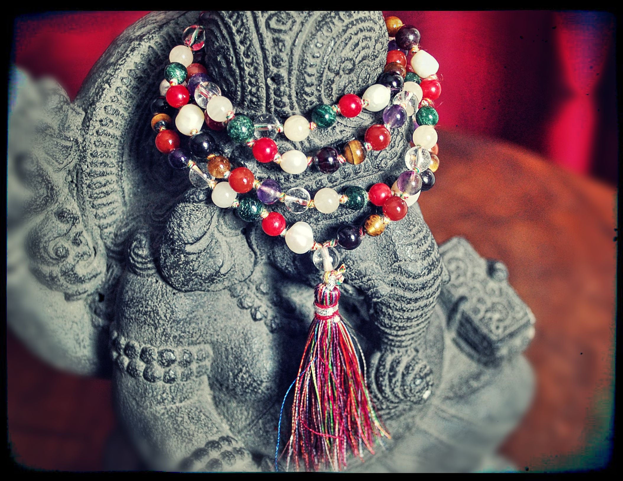 Multistone Mala with Multicolor Tassel - Multistone Gemstone Mala - Yoga Mala