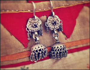 Tribal Kashmiri Jhumka Earrings with Red Glass - Tribal Silver Earrings - Tribal Afghan Earrings - Jhumka Earrings - Ethnic Tribal Earrings