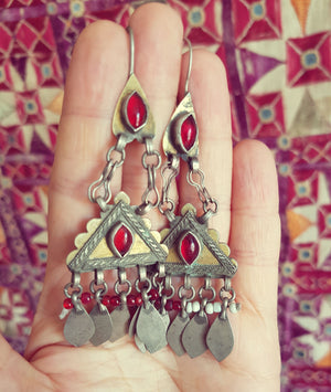 Old Turkmen Gilded Earrings with Red Glass
