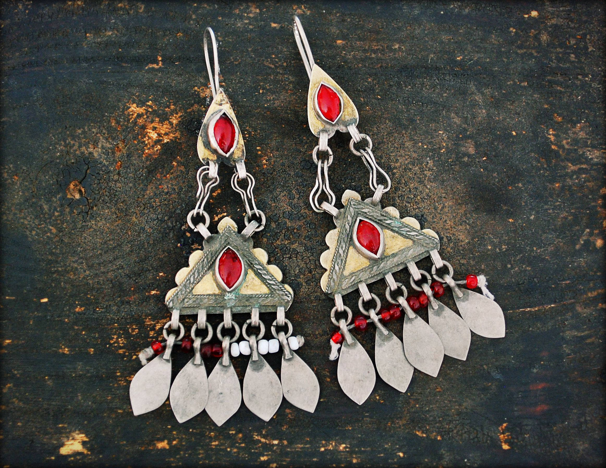 Old Turkmen Gilded Earrings with Red Glass