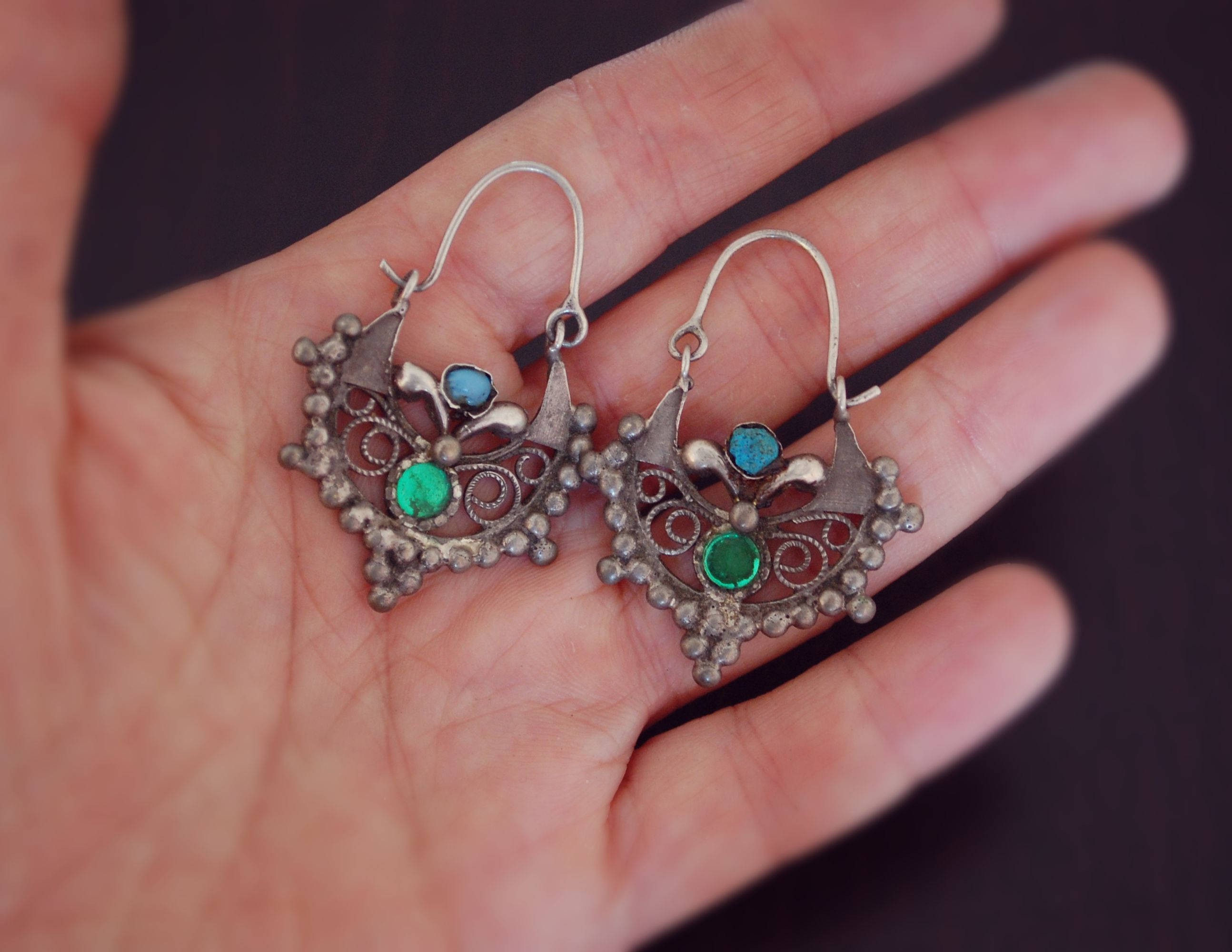 Antique Afghan Tribal Hoop Earrings with Colored Glass - Tribal Hoop Earrings - Afghan Hoop Earrings - Kuchi Earrings