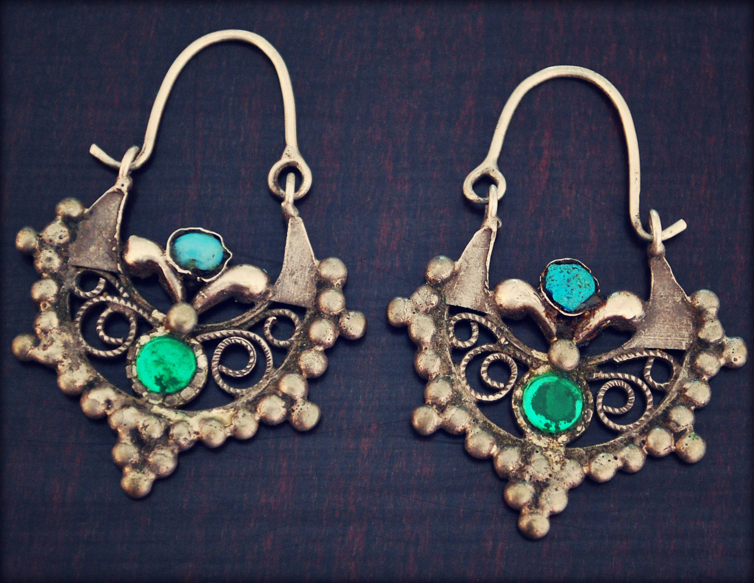 Antique Afghan Tribal Hoop Earrings with Colored Glass - Tribal Hoop Earrings - Afghan Hoop Earrings - Kuchi Earrings