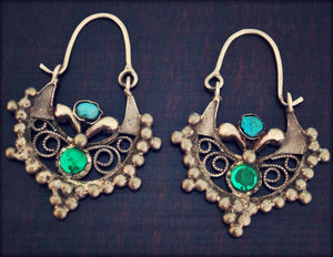 Antique Afghan Tribal Hoop Earrings with Colored Glass - Tribal Hoop Earrings - Afghan Hoop Earrings - Kuchi Earrings