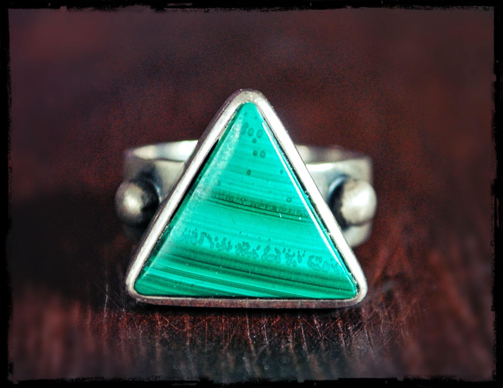 Vintage Malachite Triangle Ring - Size 7.75