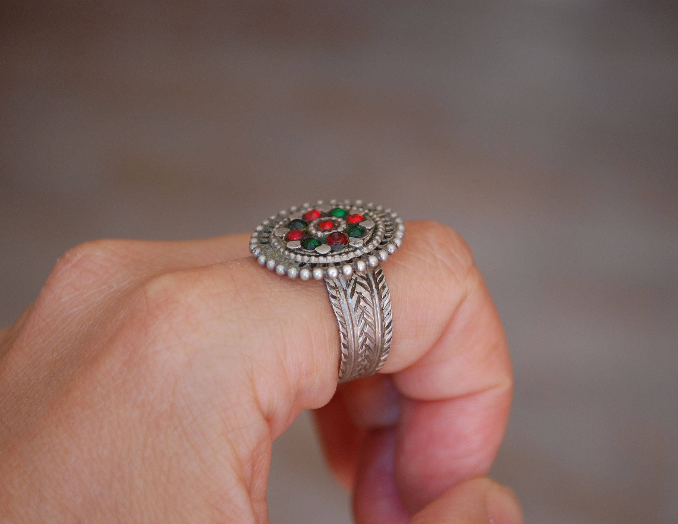 Afghani Ring with Red and Green Glass Stones - Size 8.5