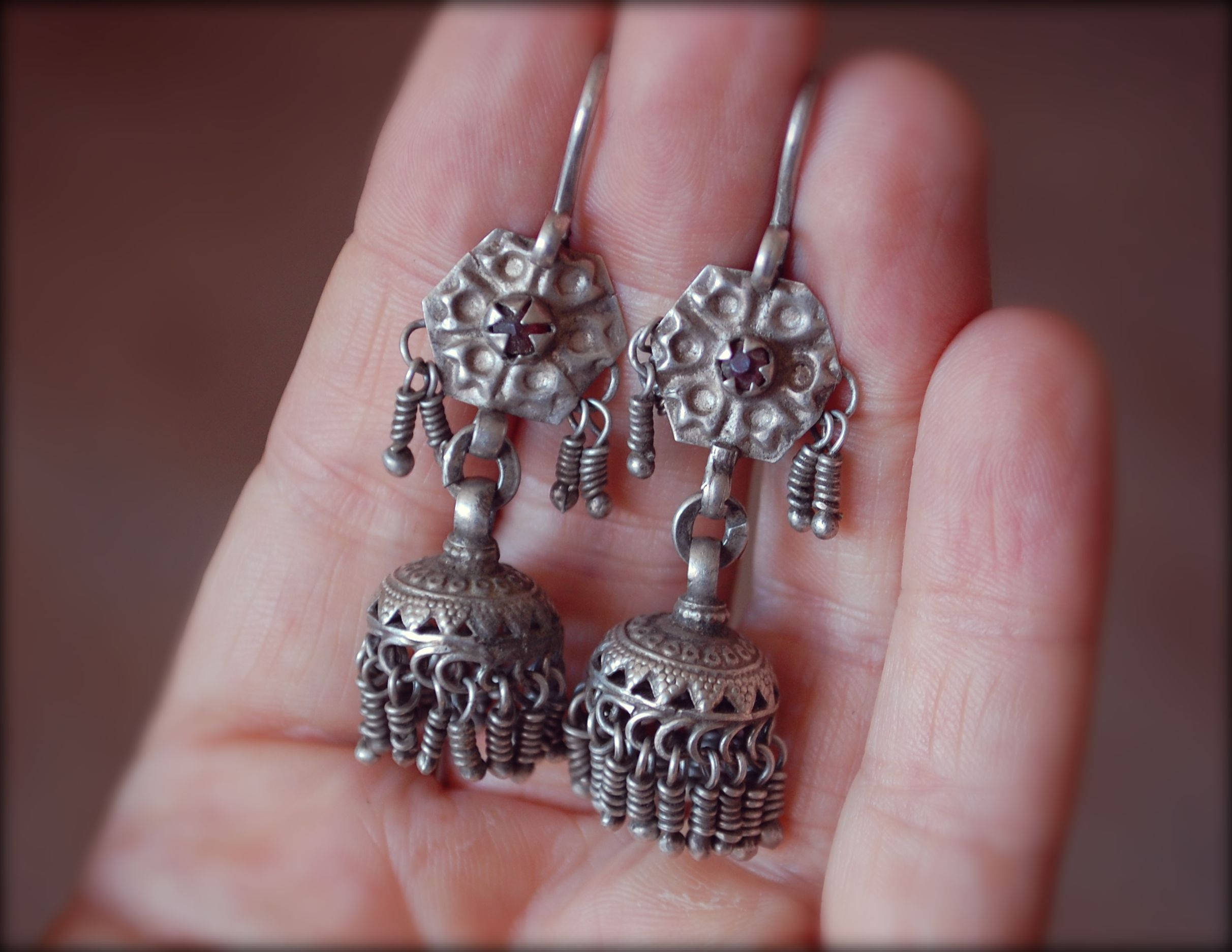 Tribal Kashmiri Jhumka Earrings with Red Glass - Tribal Silver Earrings - Tribal Afghan Earrings - Jhumka Earrings - Ethnic Tribal Earrings