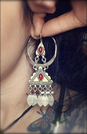 Old Turkmen Gilded Earrings with Red Glass