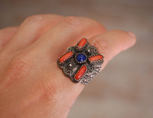 Antique Chinese Coral Lapis Ring - Size 6.5+ - Antique Chinese Ring - Ethnic Chinese Ring - Antique Coral Ring - Old Chinese Ring