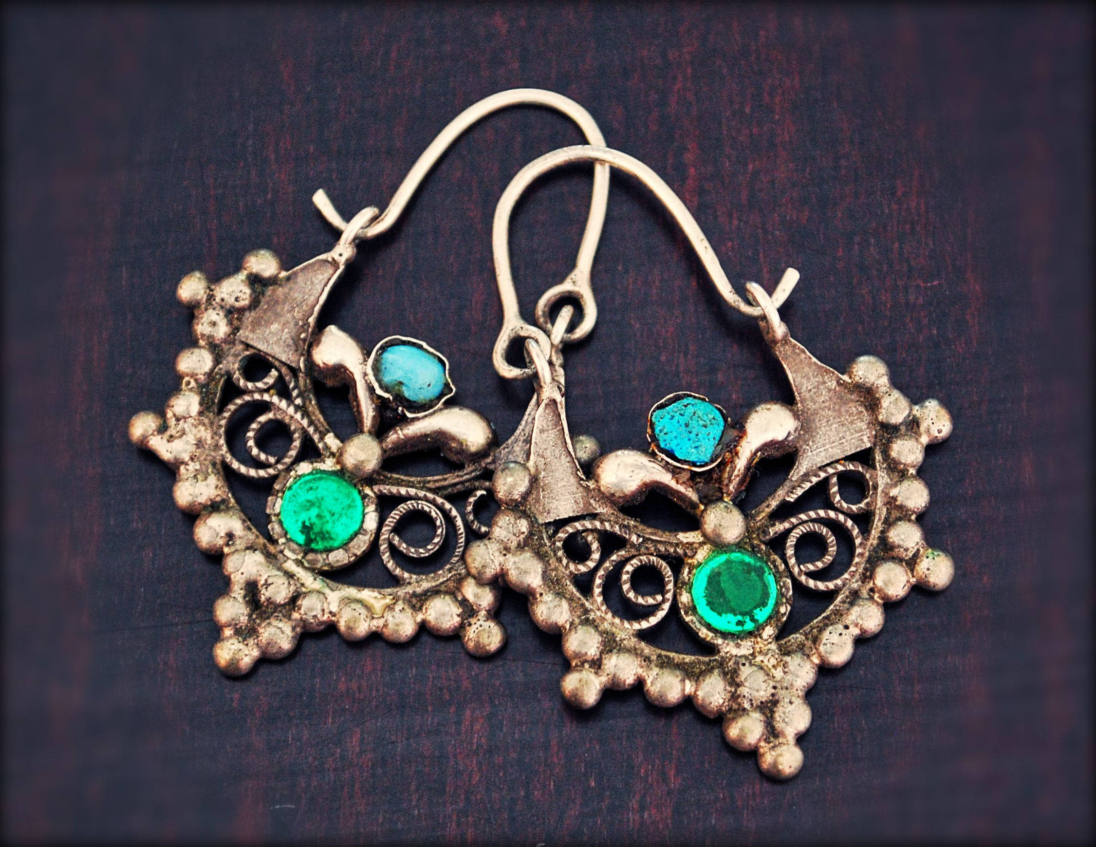 Antique Afghan Tribal Hoop Earrings with Colored Glass - Tribal Hoop Earrings - Afghan Hoop Earrings - Kuchi Earrings