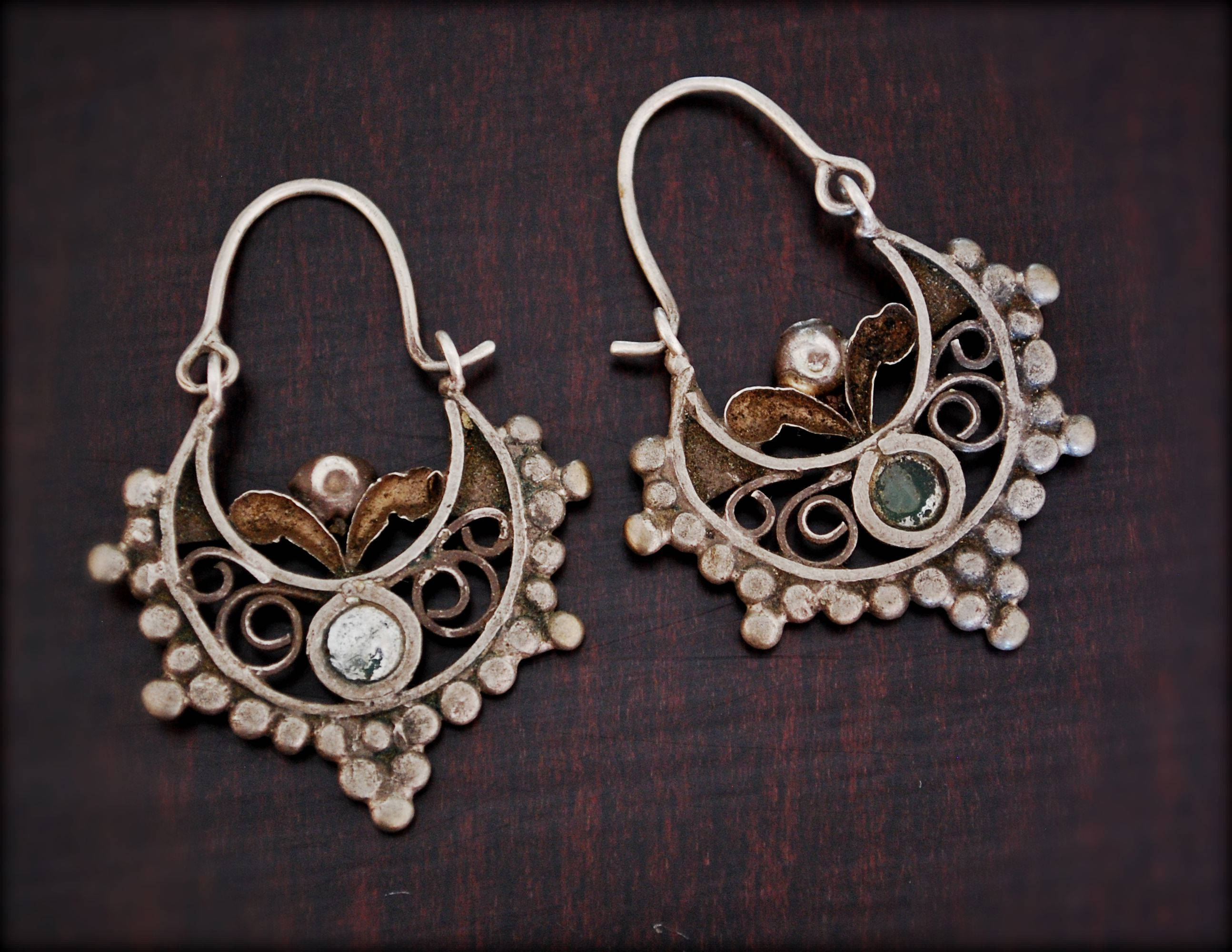Antique Afghan Tribal Hoop Earrings with Colored Glass - Tribal Hoop Earrings - Afghan Hoop Earrings - Kuchi Earrings