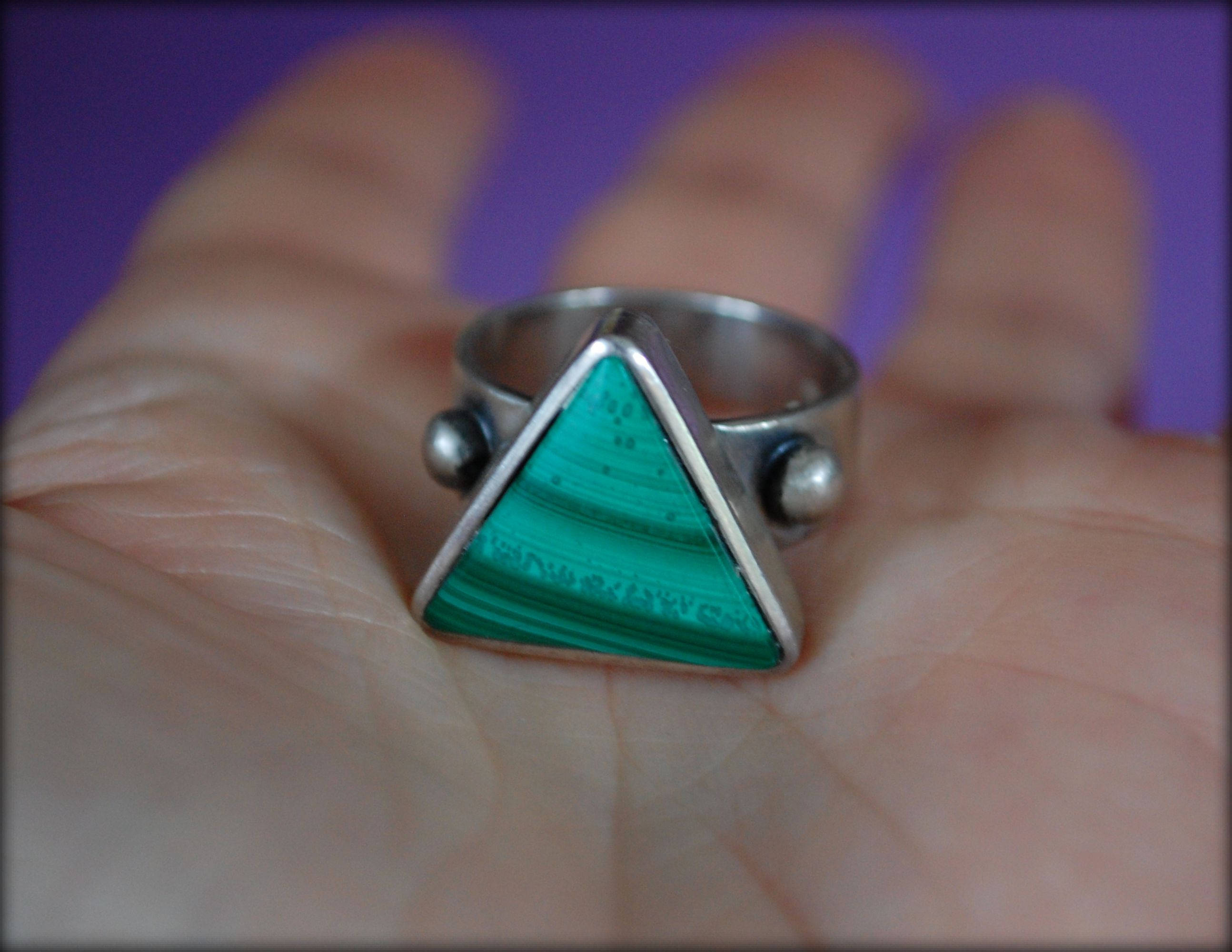 Vintage Malachite Triangle Ring - Size 7.75