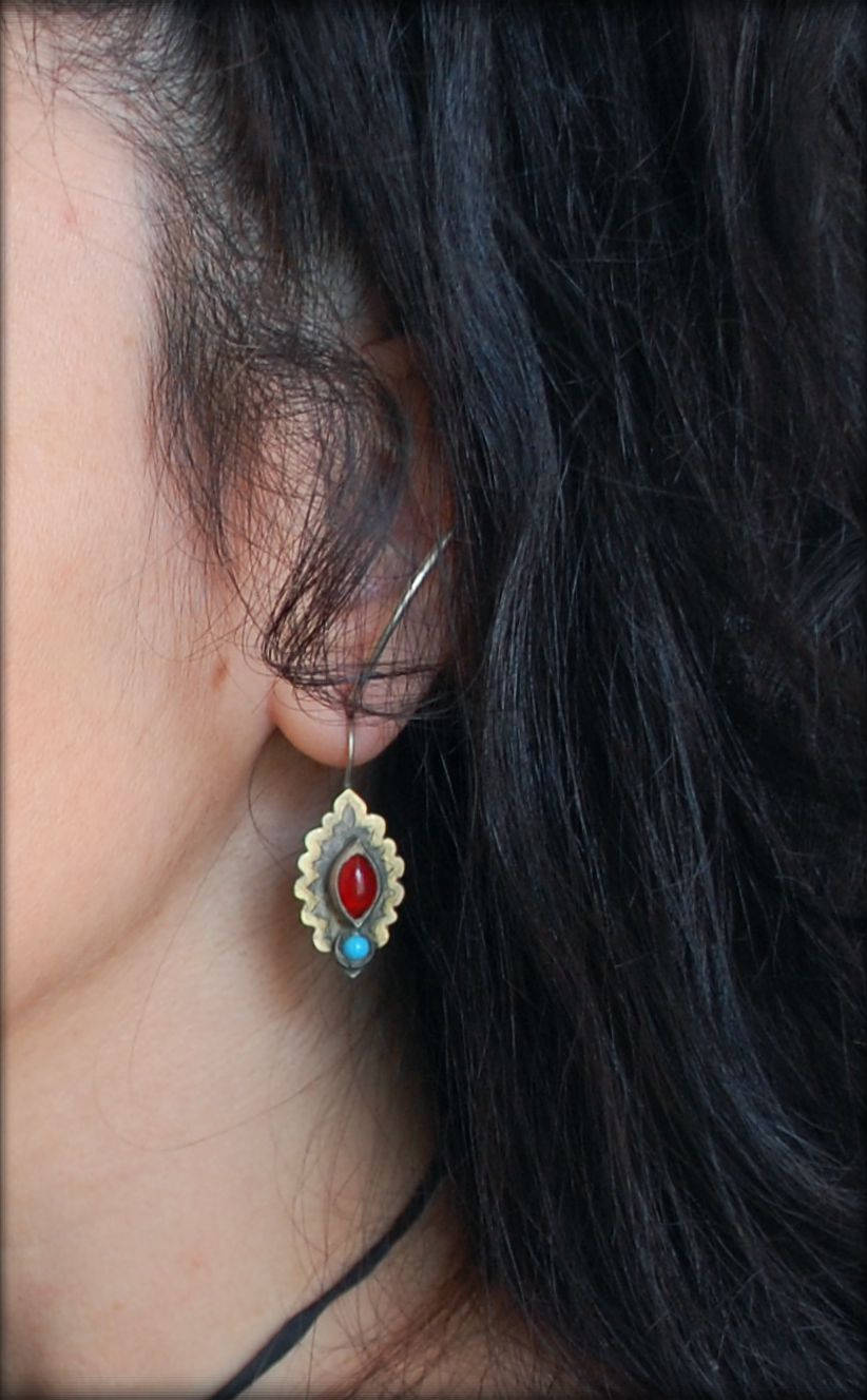 Vintage Turkmen Earrings with Glass Stones - Uzbek Earrings - Afghan Earrings - Ethnic Tribal Dangle Earrings