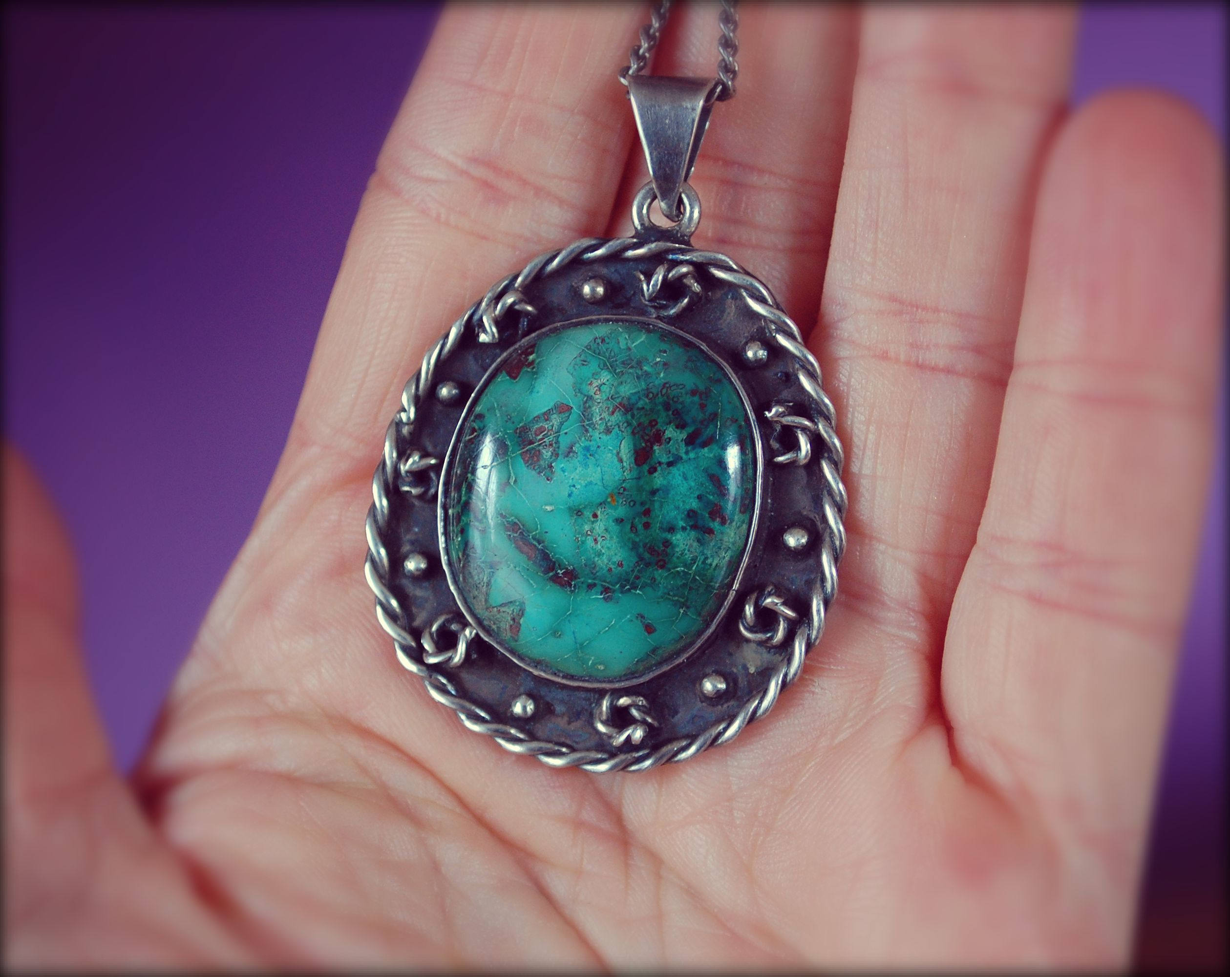 Native American Turquoise Pendant Necklace  - Boho Turquoise Pendant with Sterling Silver Chain