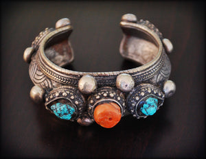 Antique Tibetan Bracelet With Turquoise and Coral - Bhutanese Dobchu Bracelet - Tibetan Antiques - Antique Himalayan Cuff Bracelet