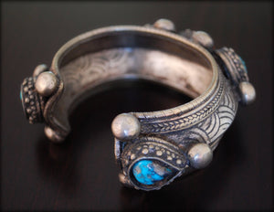 Antique Tibetan Bracelet With Turquoise and Coral - Bhutanese Dobchu Bracelet - Tibetan Antiques - Antique Himalayan Cuff Bracelet