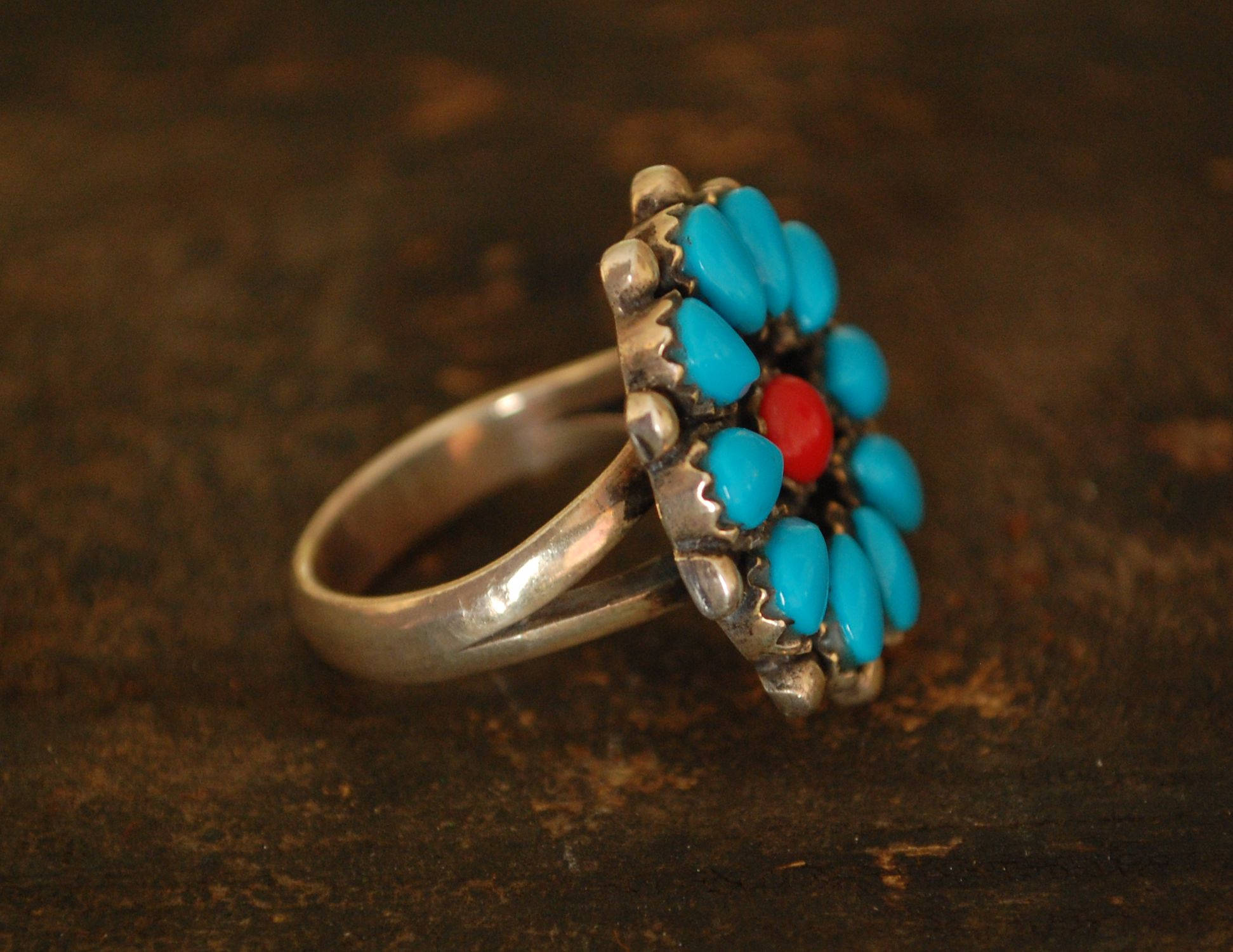 Native American Turquoise Coral Ring - Size 8 1/2