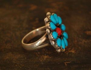 Native American Turquoise Coral Ring - Size 8 1/2