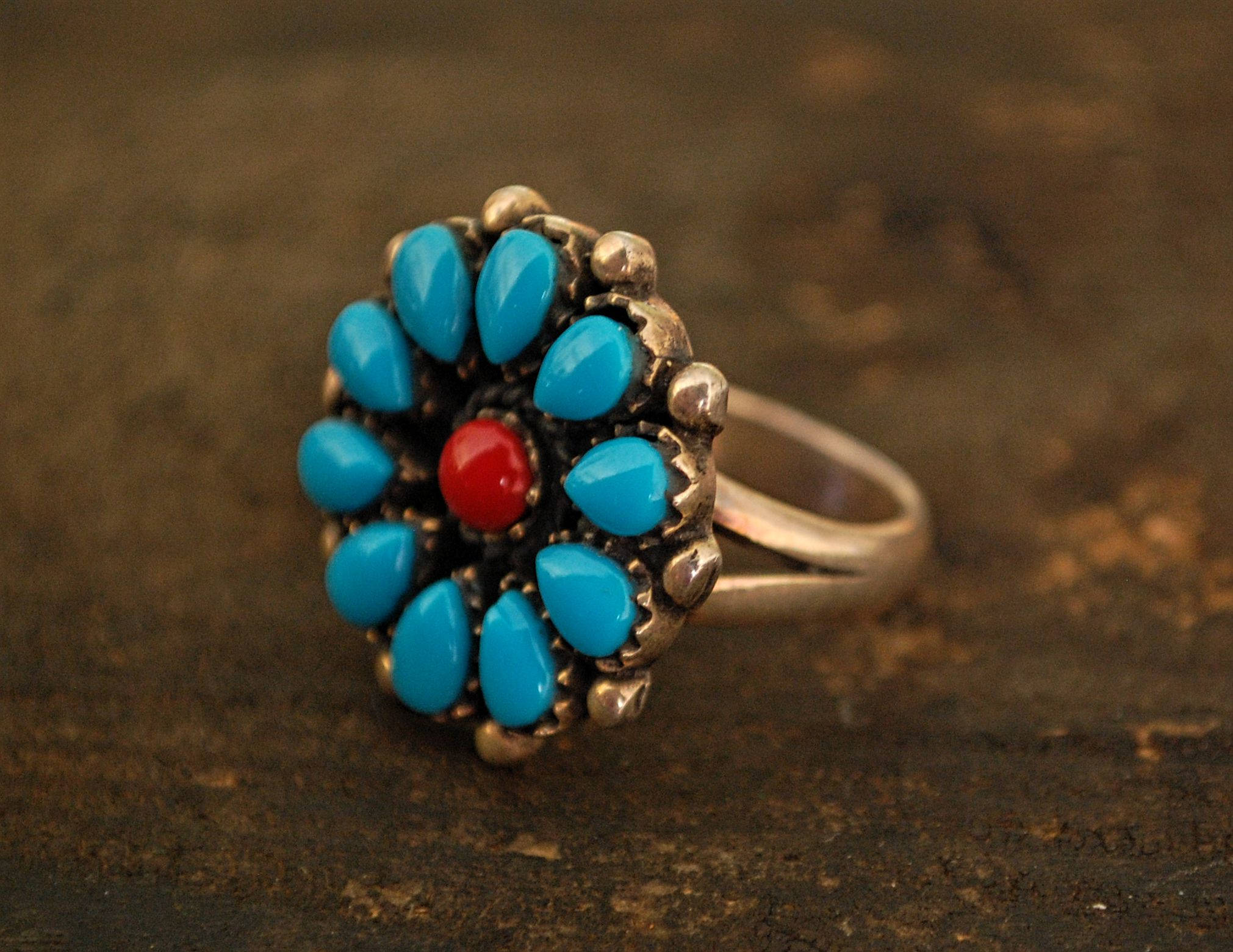 Native American Turquoise Coral Ring - Size 8 1/2