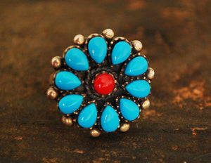 Native American Turquoise Coral Ring - Size 8 1/2