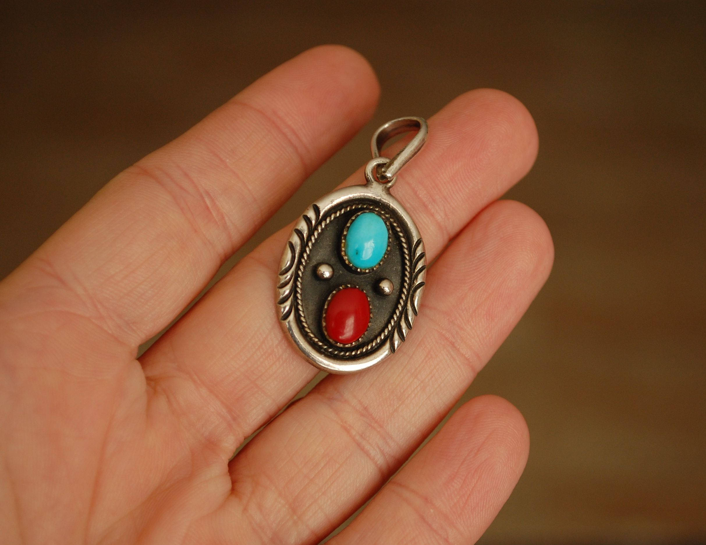 Navajo Coral and Turquoise Pendant - Native American Pendant with Coral and Turquoise