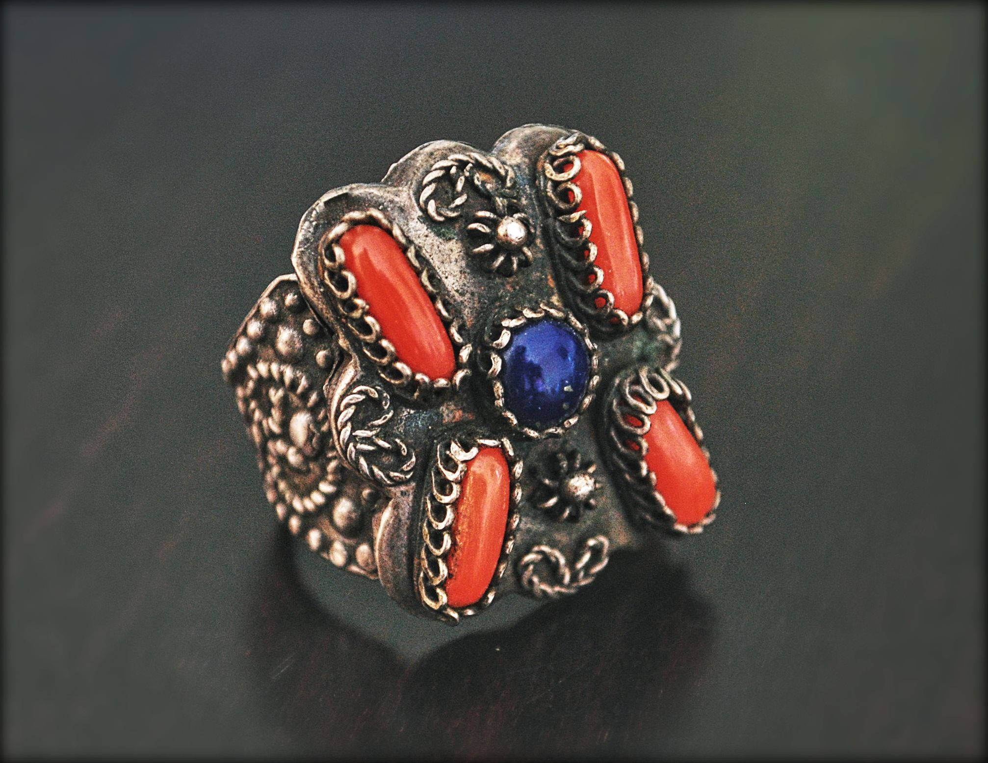 Antique Chinese Coral Lapis Ring - Size 6.5+ - Antique Chinese Ring - Ethnic Chinese Ring - Antique Coral Ring - Old Chinese Ring