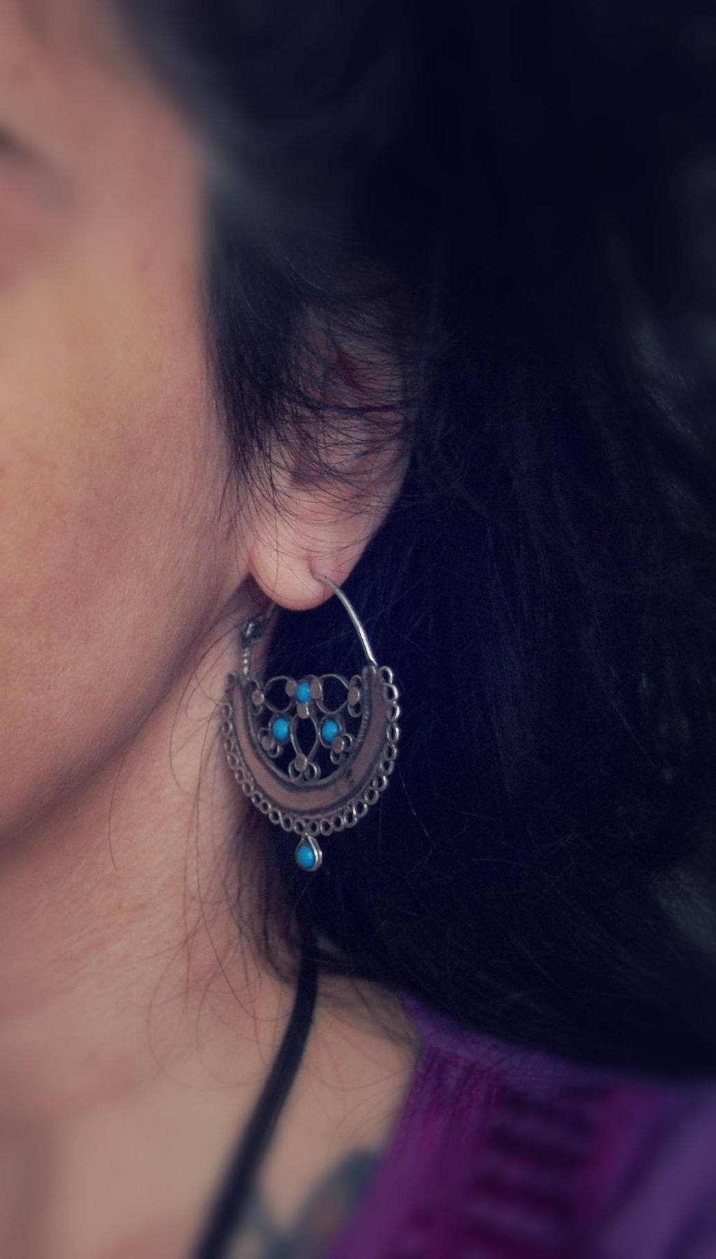Antique Afghani Hoop Earrings with Turquoise - Afghani Earrings - Afghani Jewelry - Ethnic Hoop Earrings