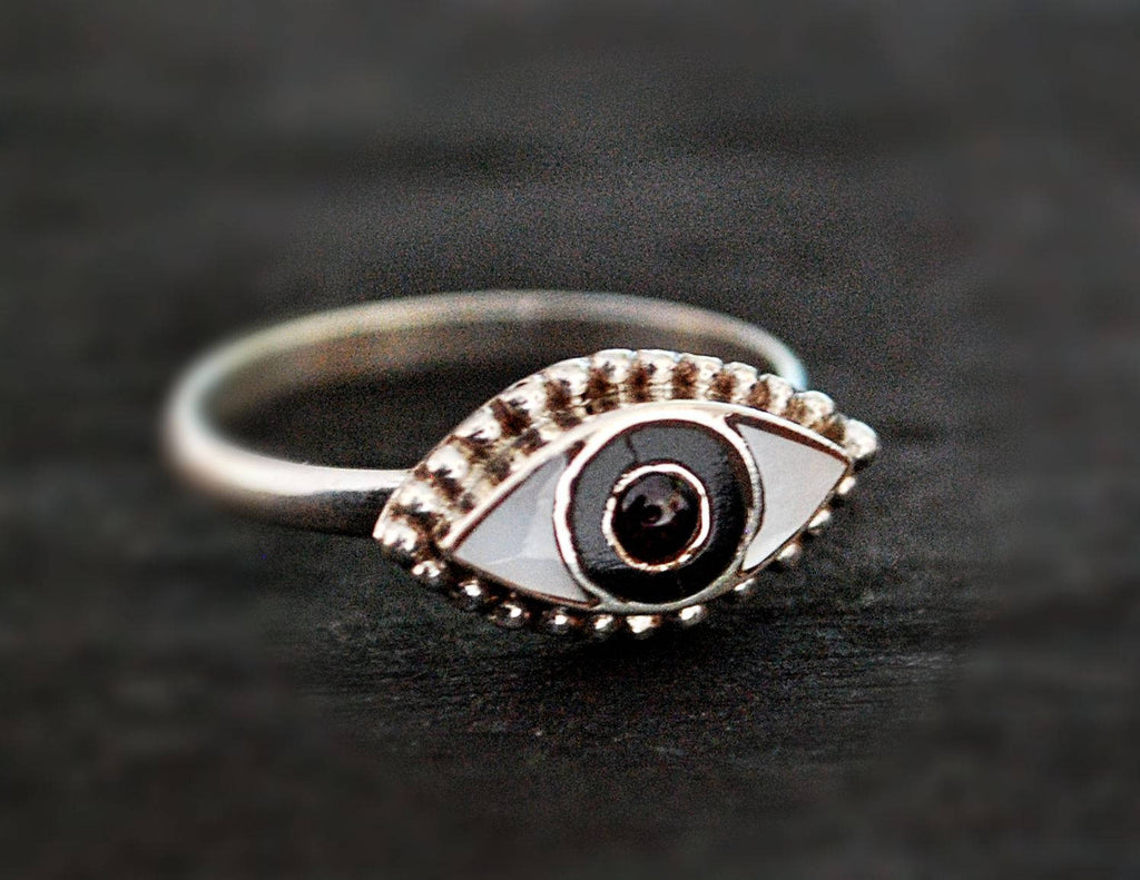 Eye Ring with Mother of Pearl, Onyx and Garnet - Size 8