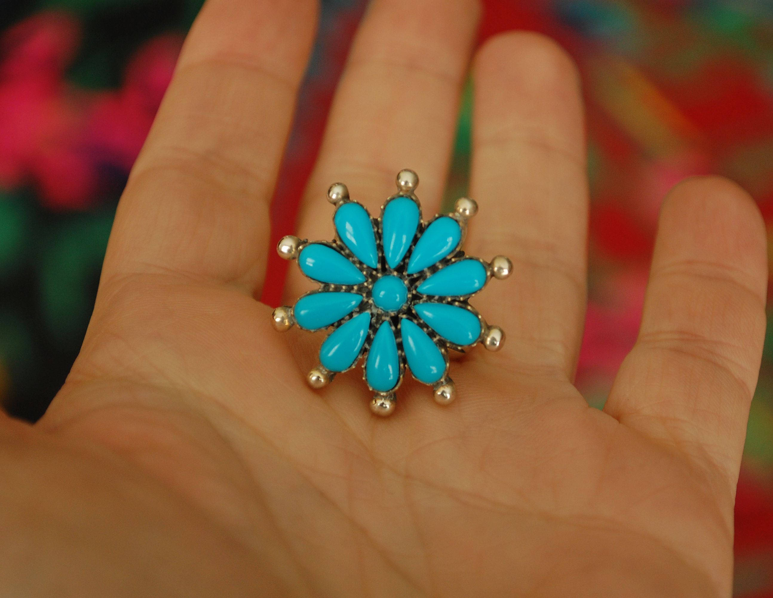 Native American Turquoise Cluster Ring - Size 7 1/2