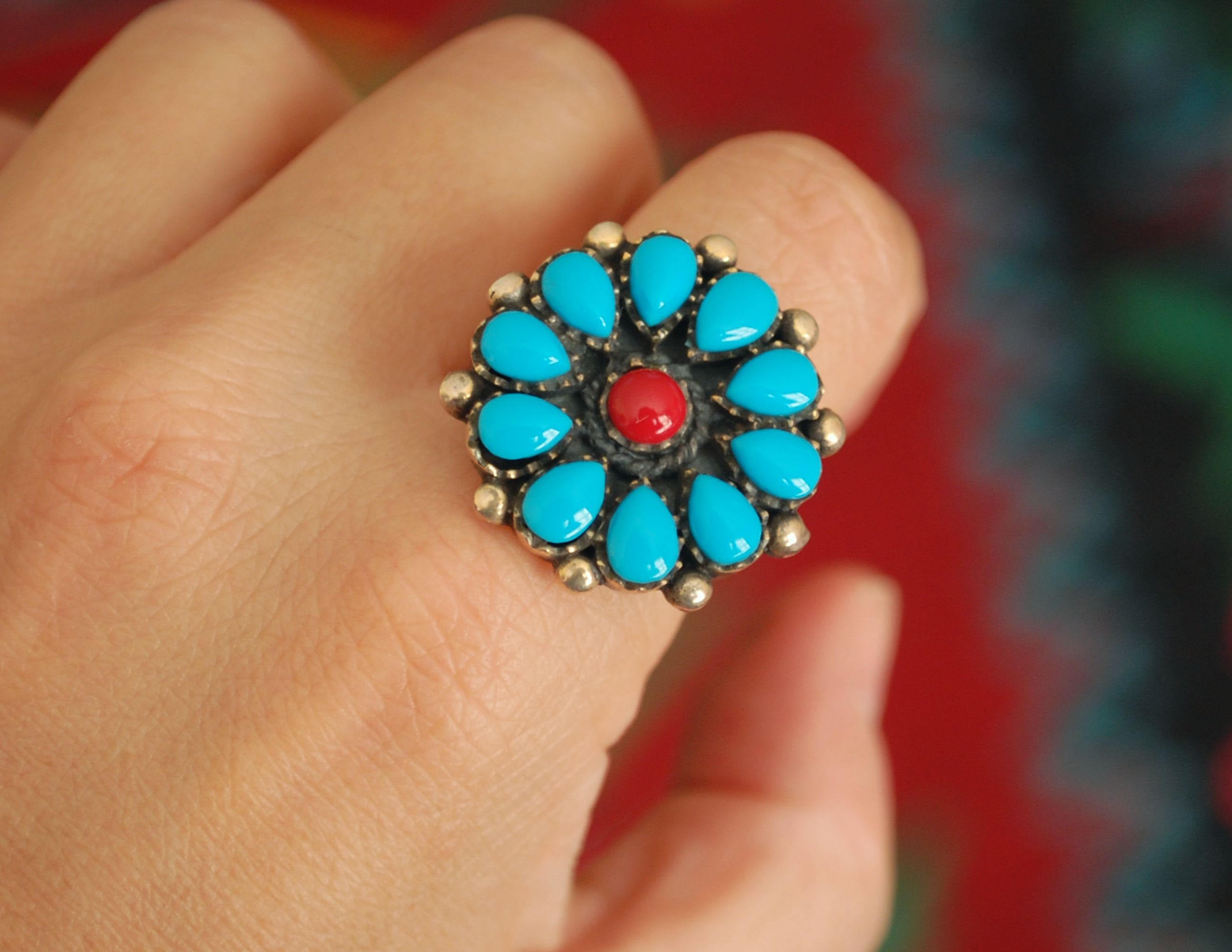 Native American Turquoise Coral Ring - Size 8 1/2