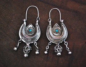 Antique Afghani Earrings with Turquoise - Crescent Moon Earrings - Ethnic Tribal Hoops - Afghani Jewelry -