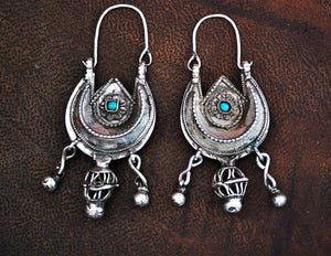 Antique Afghani Earrings with Turquoise - Crescent Moon Earrings - Ethnic Tribal Hoops - Afghani Jewelry -
