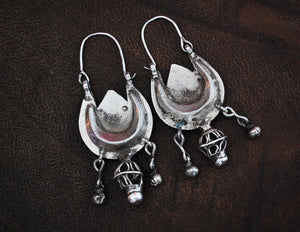 Antique Afghani Earrings with Turquoise - Crescent Moon Earrings - Ethnic Tribal Hoops - Afghani Jewelry -