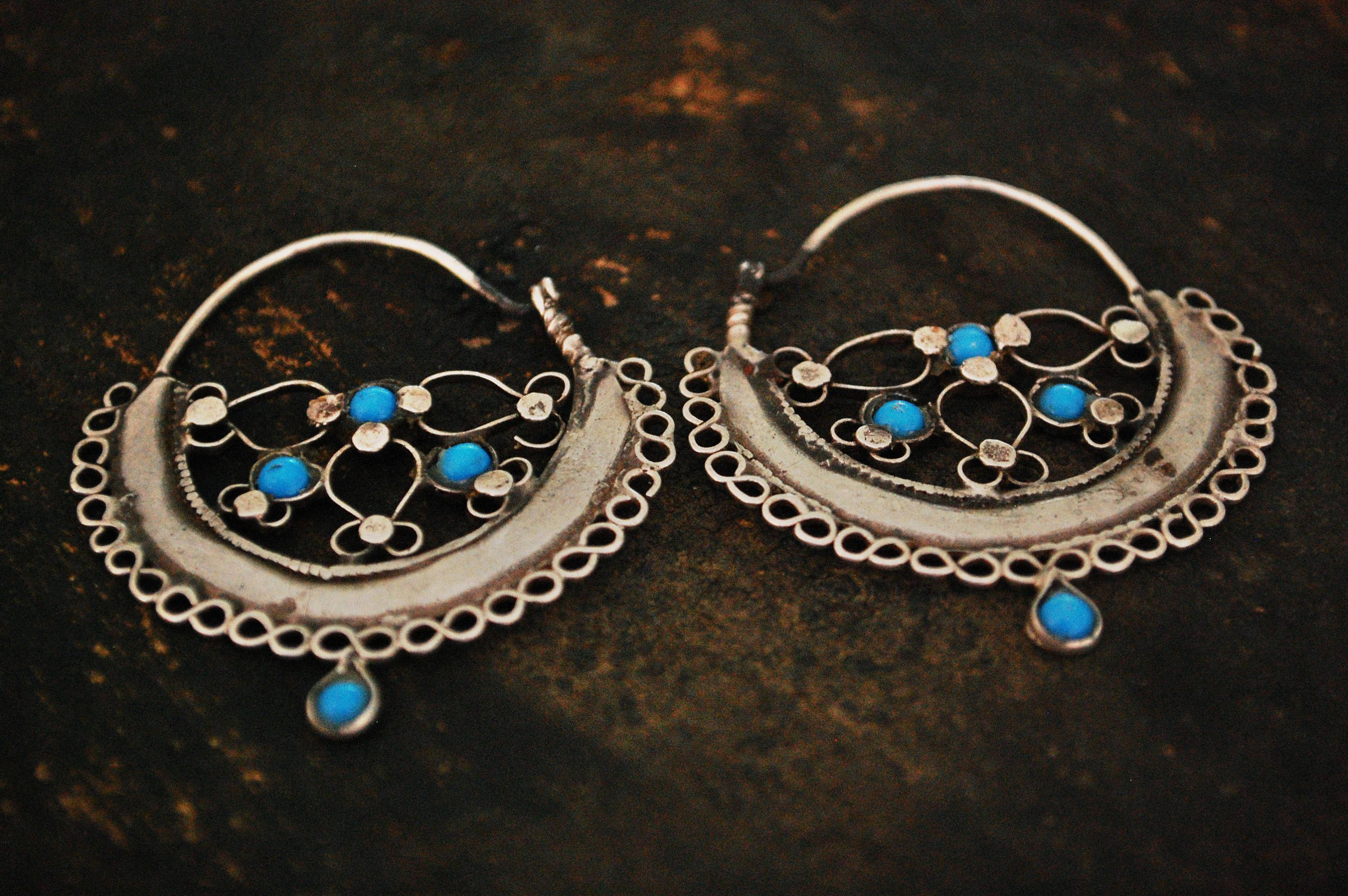 Antique Afghani Hoop Earrings with Turquoise - Afghani Earrings - Afghani Jewelry - Ethnic Hoop Earrings