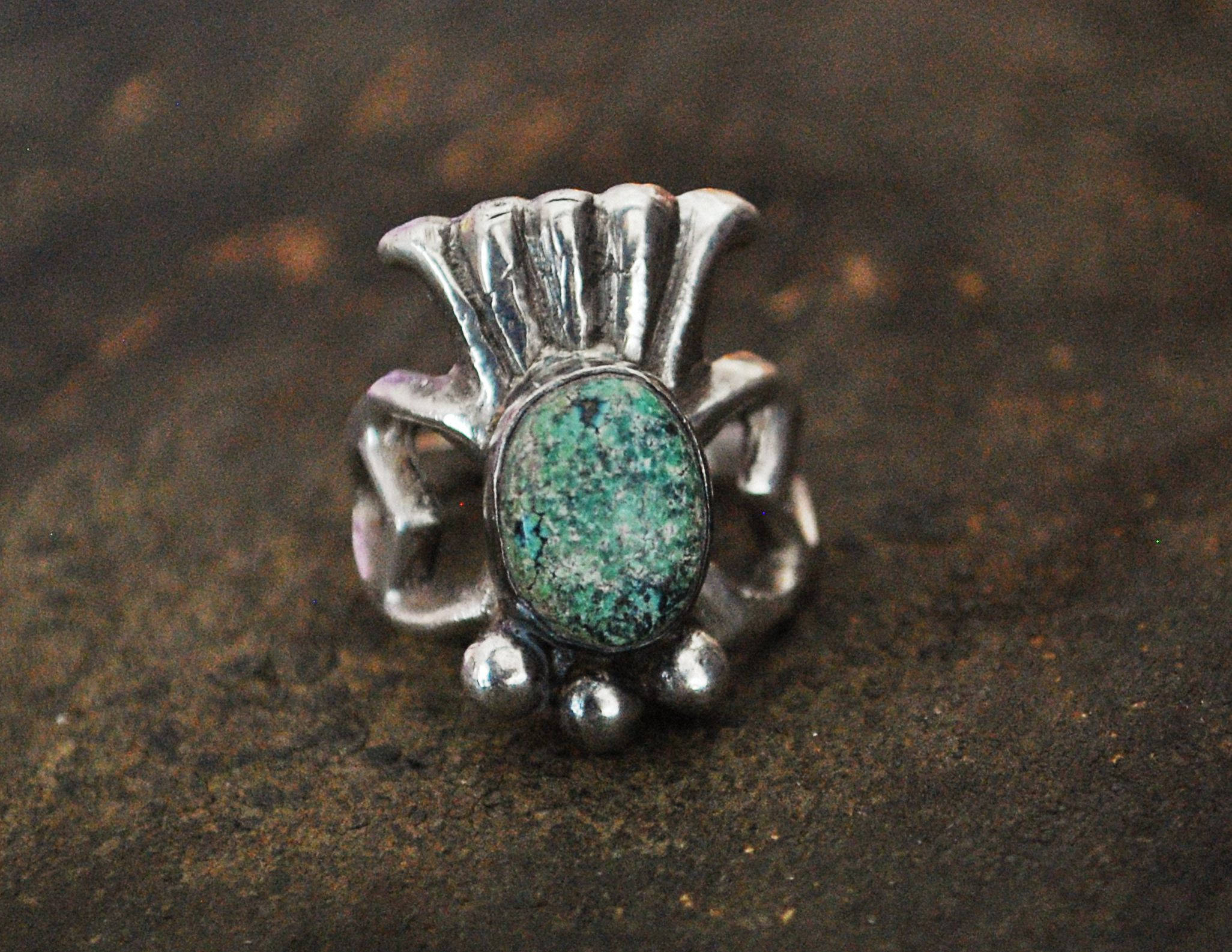 Navajo Native American Sandcast Ring with Turquoise - Size 6.5