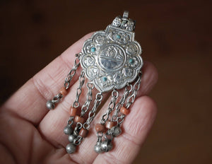 Antique Afghani Silver Pendant with Coral Tassels - Afghani Silver Pendant - Afghani Jewelry - Tribal Pendant - Ethnic Pendant