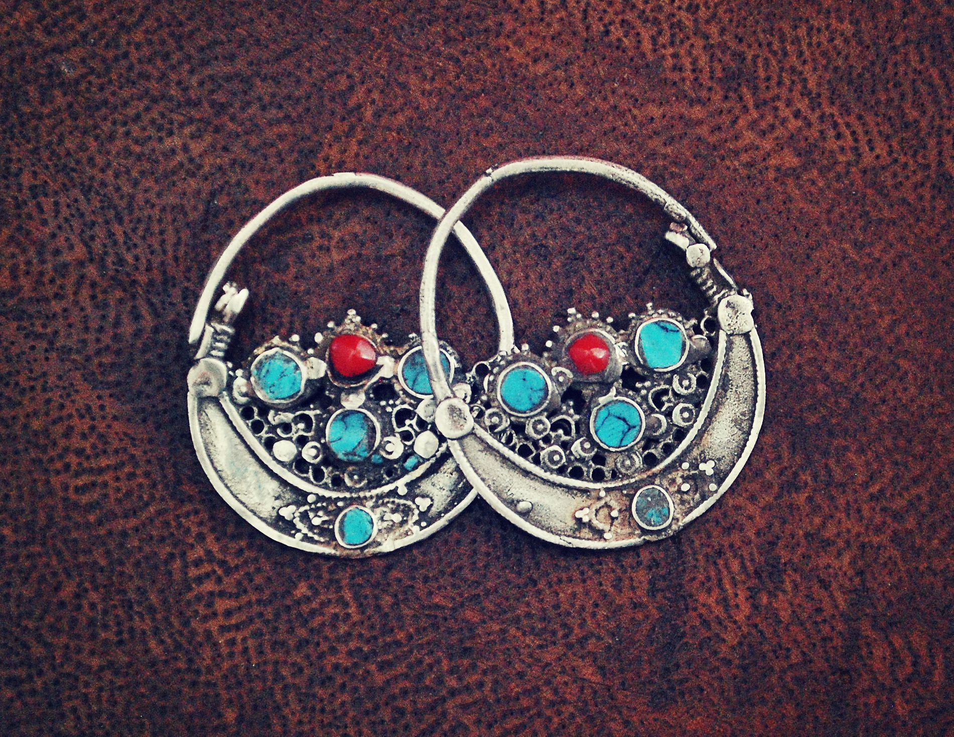 Antique Afghan Tribal Hoop Earrings with Turquoise - Tribal Hoop Earrings - Afghan Hoop Earrings - Ethnic Hoop Earrings