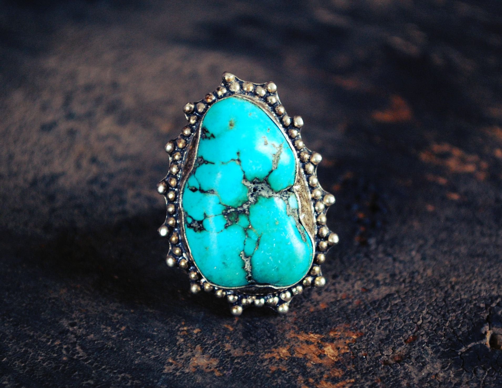 Indian Turquoise Nugget Ring - Size 5 3/4