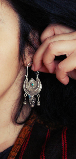 Antique Afghani Earrings with Turquoise - Crescent Moon Earrings - Ethnic Tribal Hoops - Afghani Jewelry -