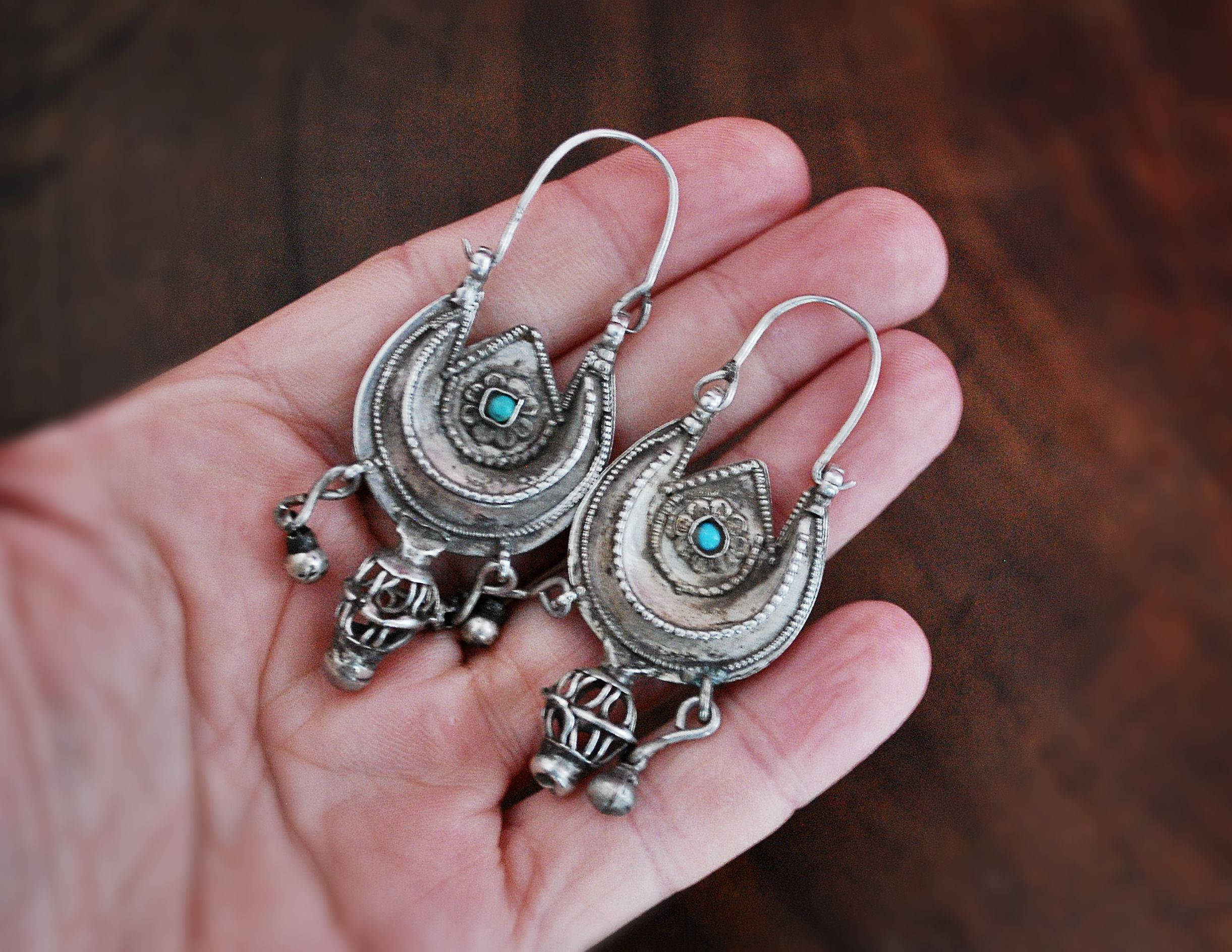 Antique Afghani Earrings with Turquoise - Crescent Moon Earrings - Ethnic Tribal Hoops - Afghani Jewelry -