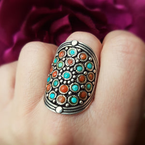 Gypsy Turquoise and Coral Ring - Fantastic! - Size 10.5 - India Ring - Indian Jewelry - Coral Turquoise Ring