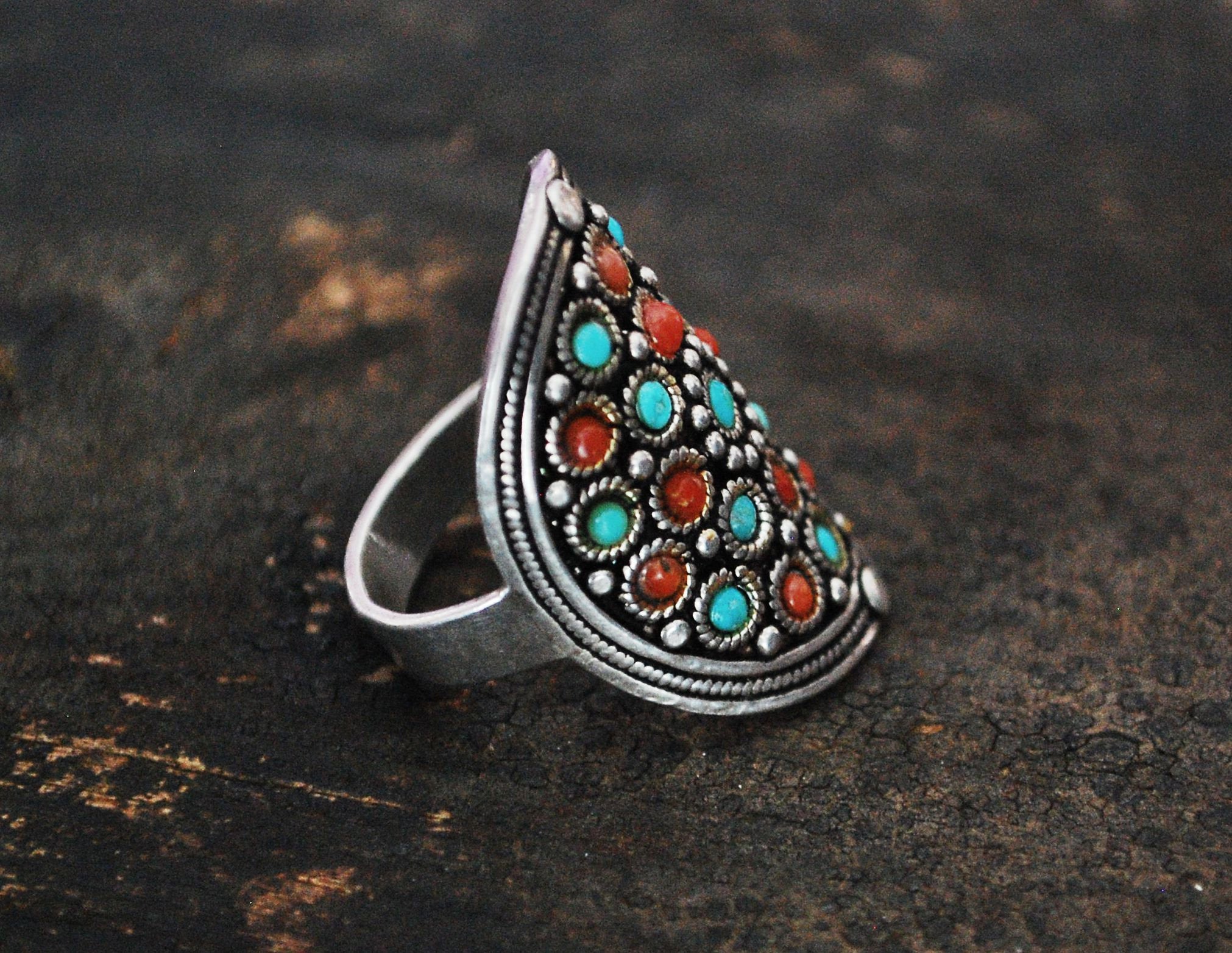 Gypsy Turquoise and Coral Ring - Fantastic! - Size 10.5 - India Ring - Indian Jewelry - Coral Turquoise Ring