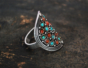 Gypsy Turquoise and Coral Ring - Fantastic! - Size 10.5 - India Ring - Indian Jewelry - Coral Turquoise Ring