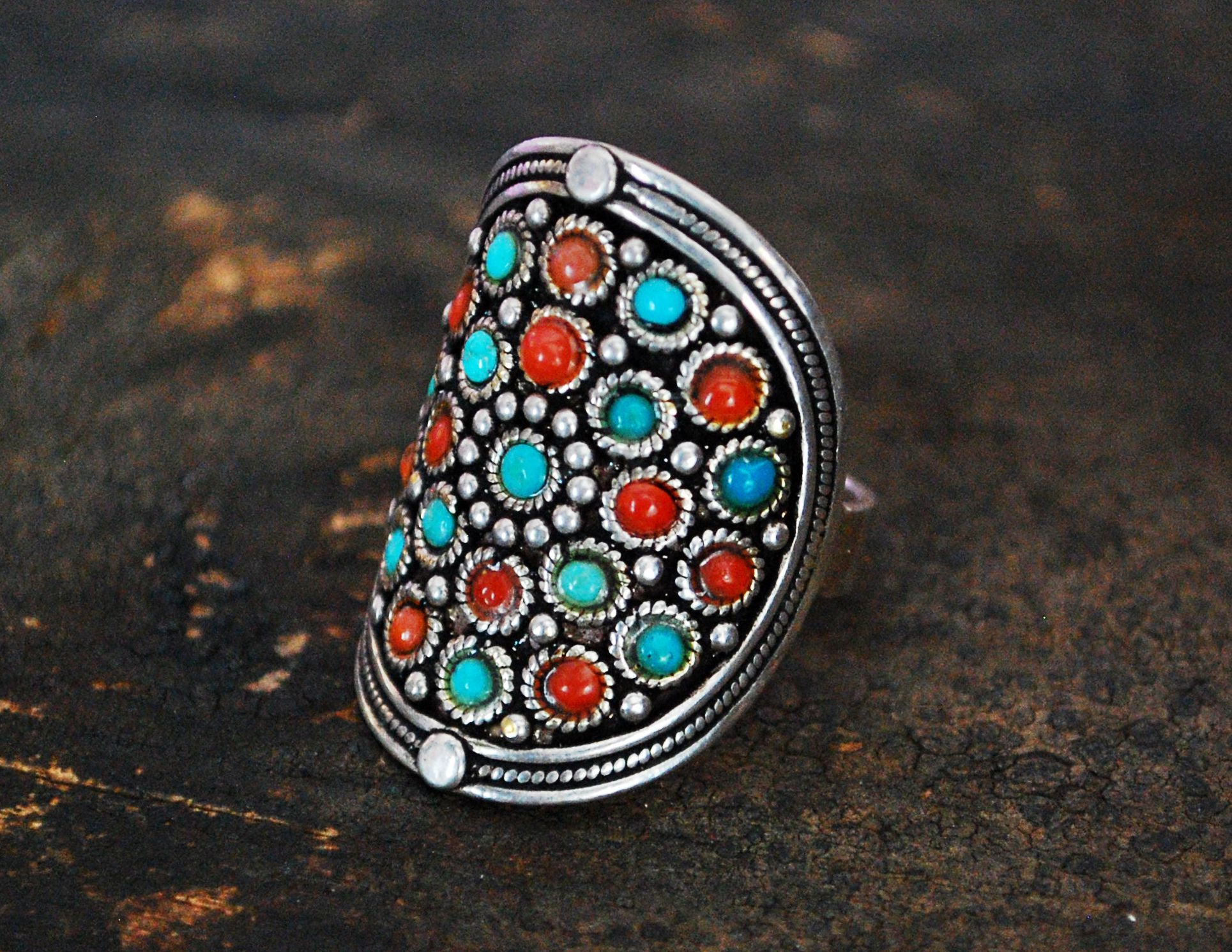 Gypsy Turquoise and Coral Ring - Fantastic! - Size 10.5 - India Ring - Indian Jewelry - Coral Turquoise Ring