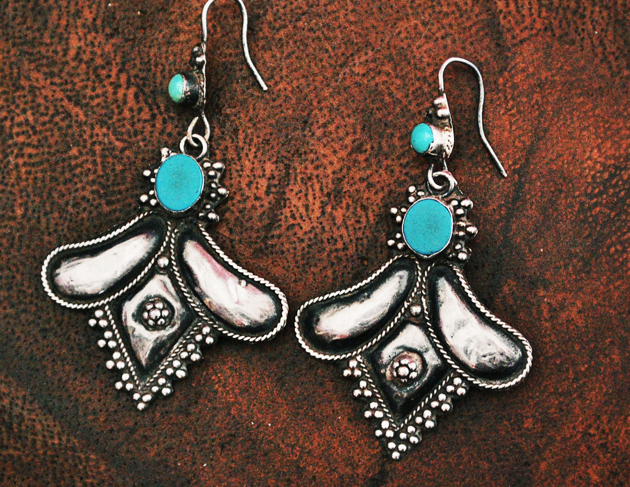 Navajo Sterling Silver  Turquoise Concho Dangle Earrings  Nizhoni Traders  LLC