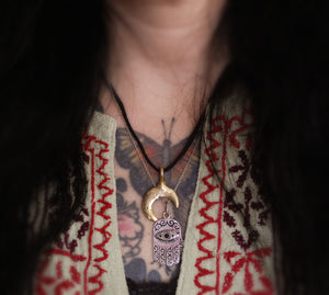 Hamsa Pendant with Eye - Hand of Fatima Pendant Amulet on Silver Chain