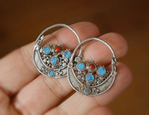 Antique Afghan Tribal Hoop Earrings with Turquoise - Tribal Hoop Earrings - Afghan Hoop Earrings - Ethnic Hoop Earrings