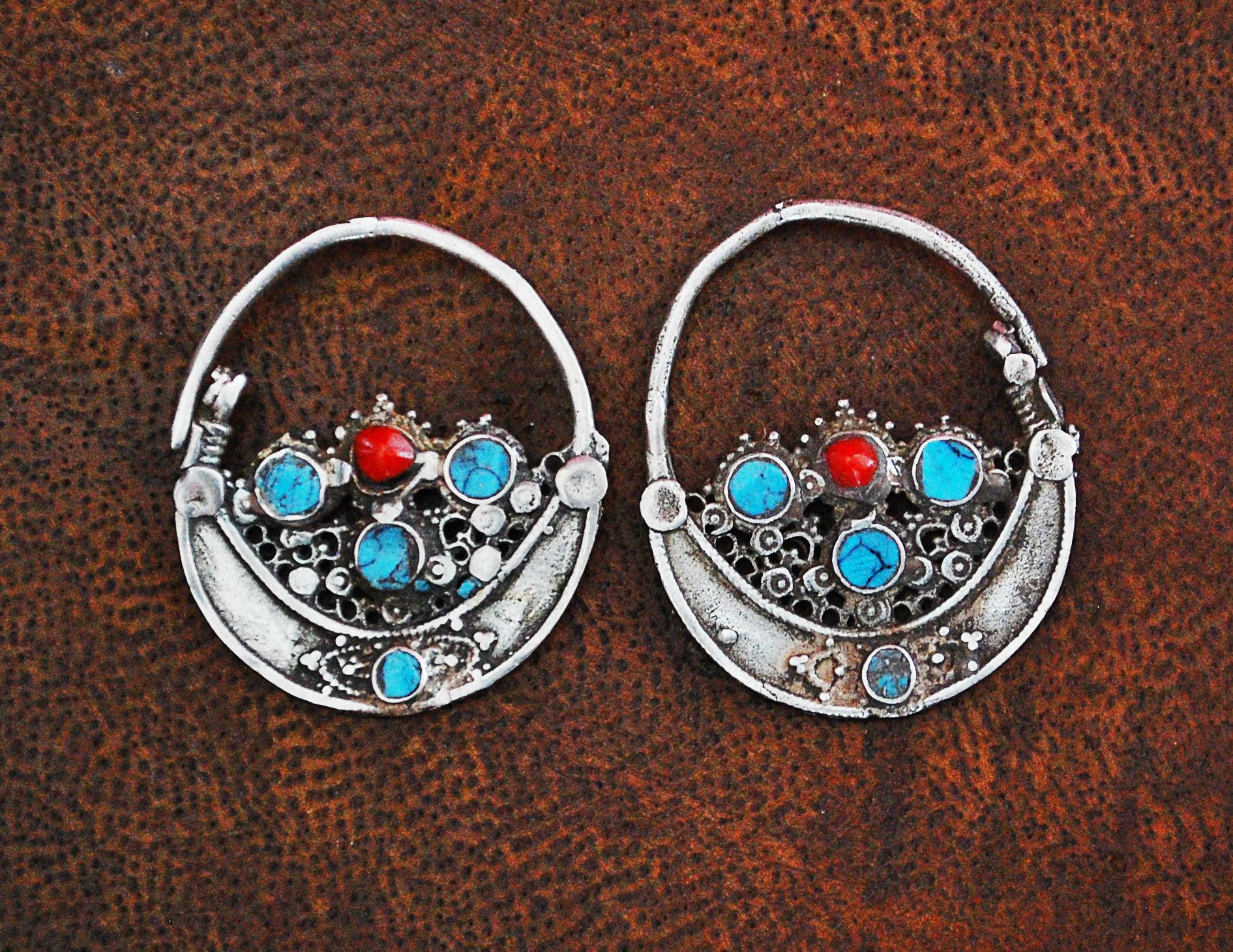 Antique Afghan Tribal Hoop Earrings with Turquoise - Tribal Hoop Earrings - Afghan Hoop Earrings - Ethnic Hoop Earrings