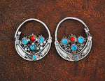 Antique Afghan Tribal Hoop Earrings with Turquoise - Tribal Hoop Earrings - Afghan Hoop Earrings - Ethnic Hoop Earrings
