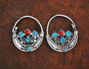 Antique Afghan Tribal Hoop Earrings with Turquoise - Tribal Hoop Earrings - Afghan Hoop Earrings - Ethnic Hoop Earrings